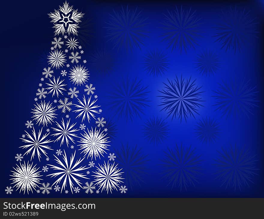 Christmas tree with white snowflakes on the background of blue snowflakes. Christmas tree with white snowflakes on the background of blue snowflakes