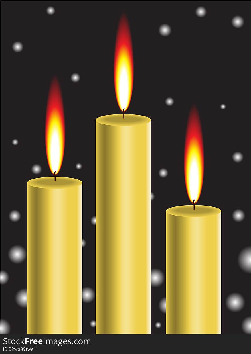 Three burning gold candles on a black background with snowflakes