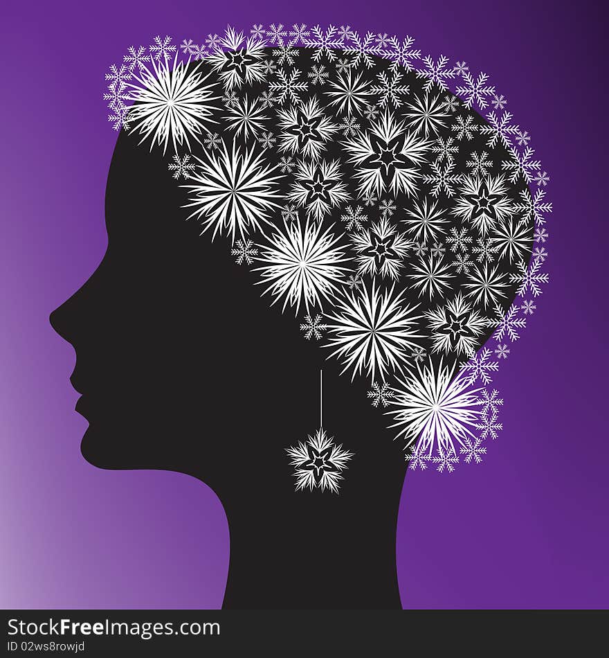 Black silhouette of a woman's head in a cap of snowflakes