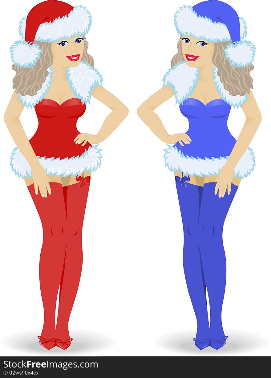 Two Snow Maiden in red and blue dresses with a white background