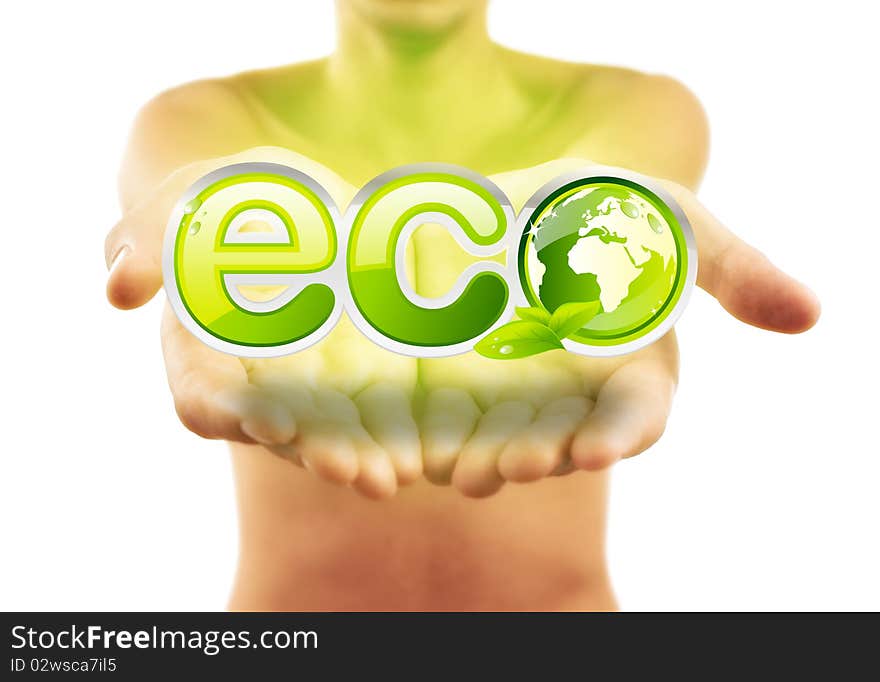 Hands Holding Eco Sign With Green Leafs