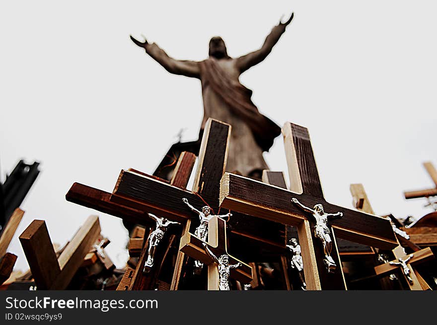 Crosses with Jesus on a hill in Lithuania.