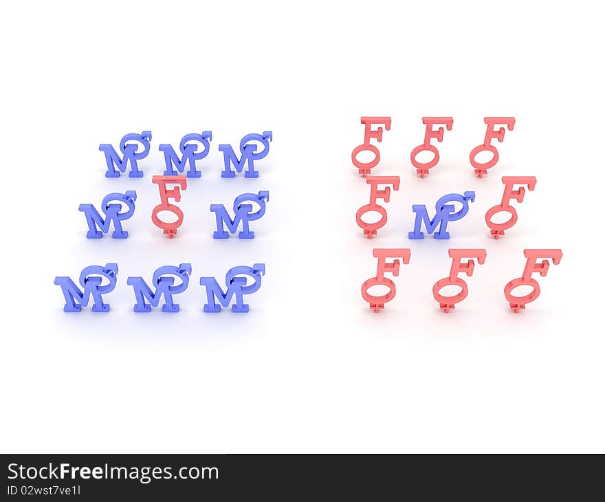 Symbols of male and female pink and blue. 3D