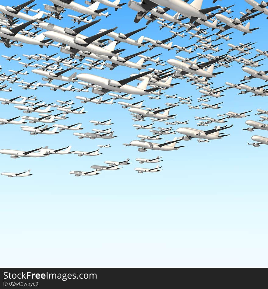 Many airplanes on blue sky 3d render