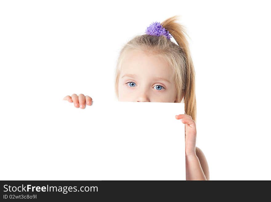 Little girl looking over empty board isolated