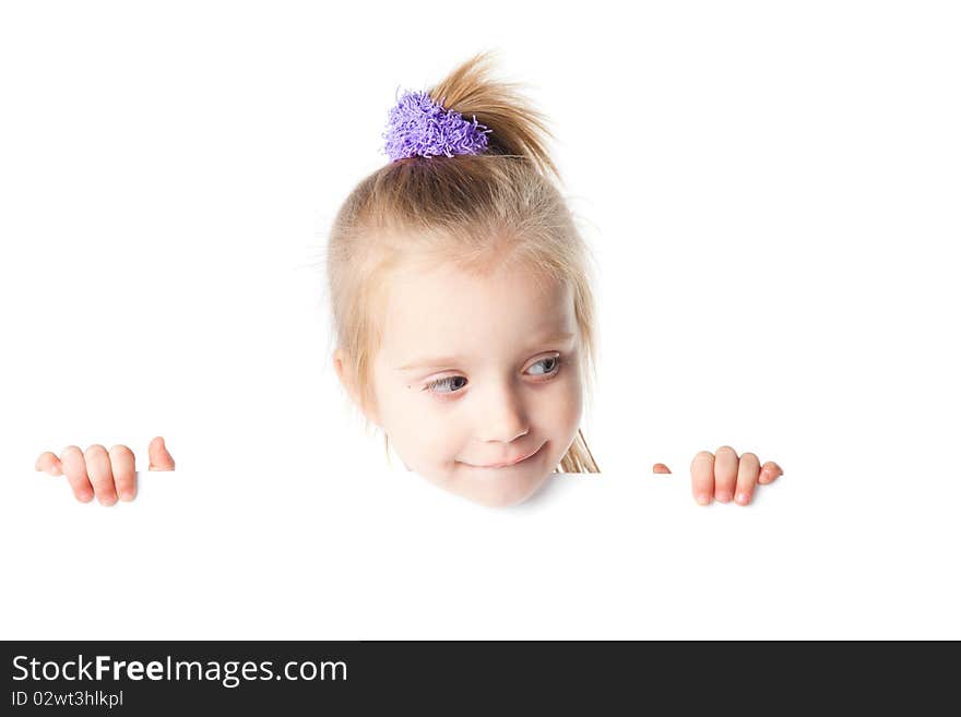 Little girl looking over empty board isolated