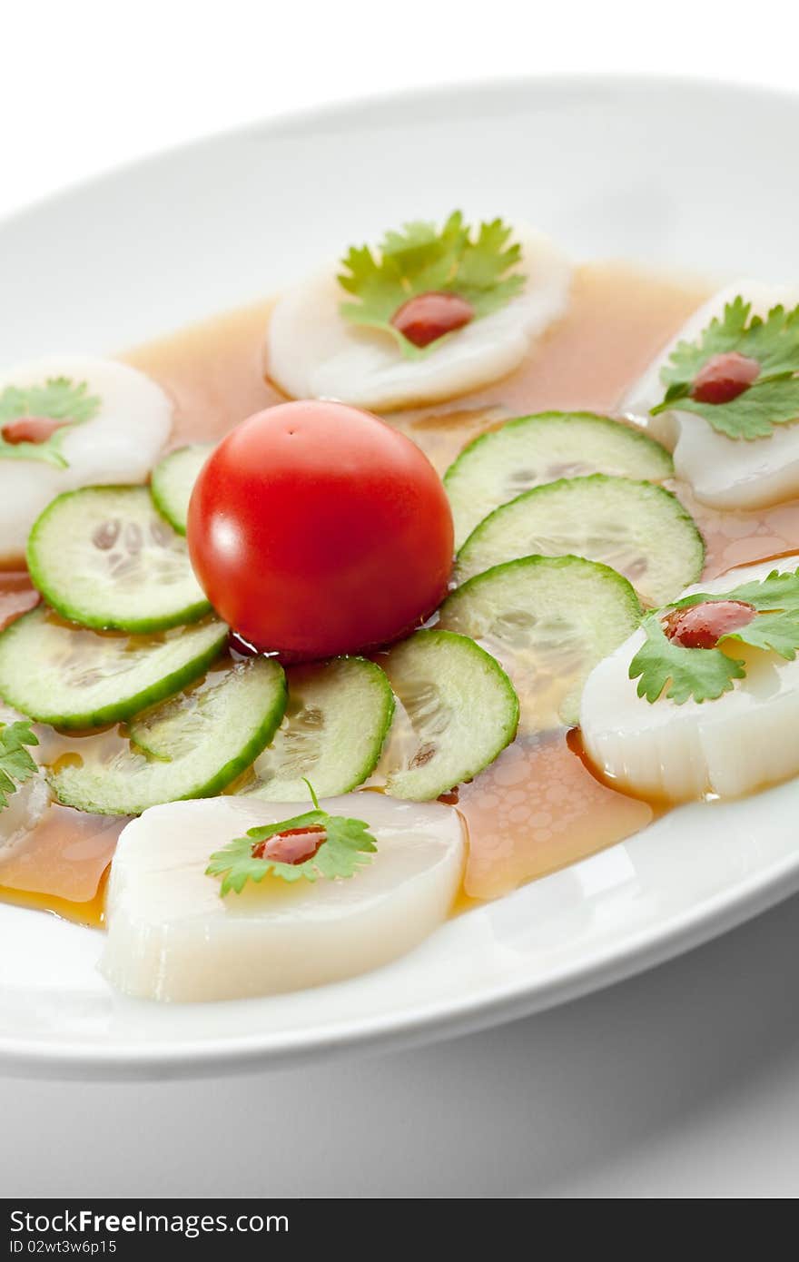 Appetizer - Sea Scallop with Sauce and Cherry Tomato. Appetizer - Sea Scallop with Sauce and Cherry Tomato