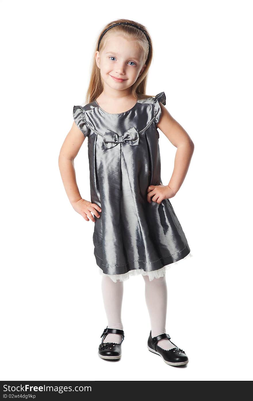 Cute Smiling Little Girl In Grey Dress