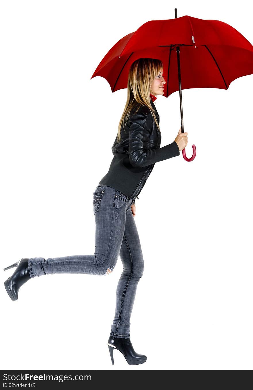 Happy smiling woman under her red umbrella. Happy smiling woman under her red umbrella