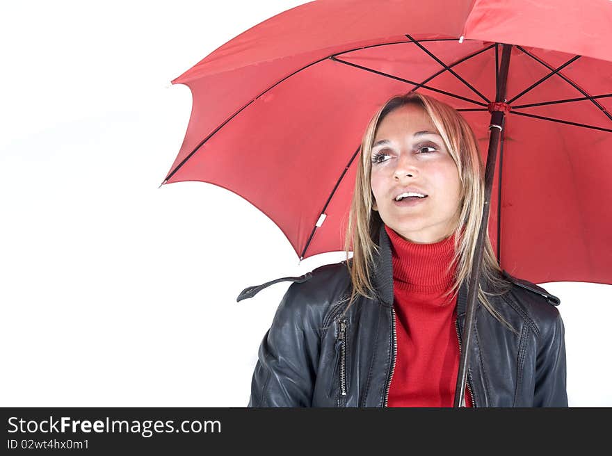 Happy smiling woman under her red umbrella. Happy smiling woman under her red umbrella