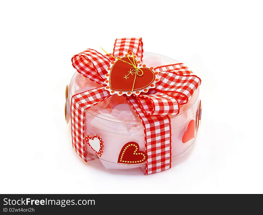 Transparent gift box with a red tape and bow and heart. Transparent gift box with a red tape and bow and heart