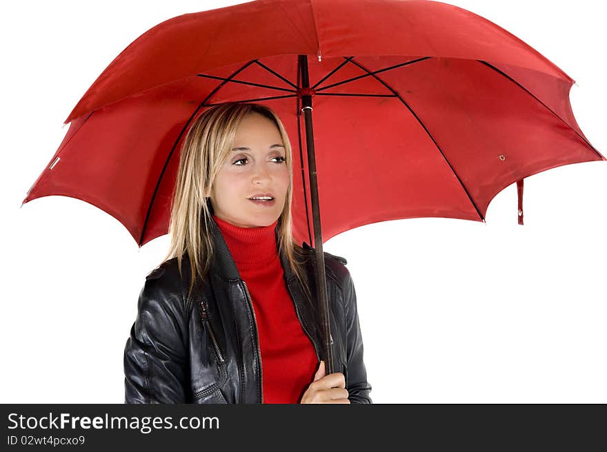 Happy smiling woman under her red umbrella. Happy smiling woman under her red umbrella