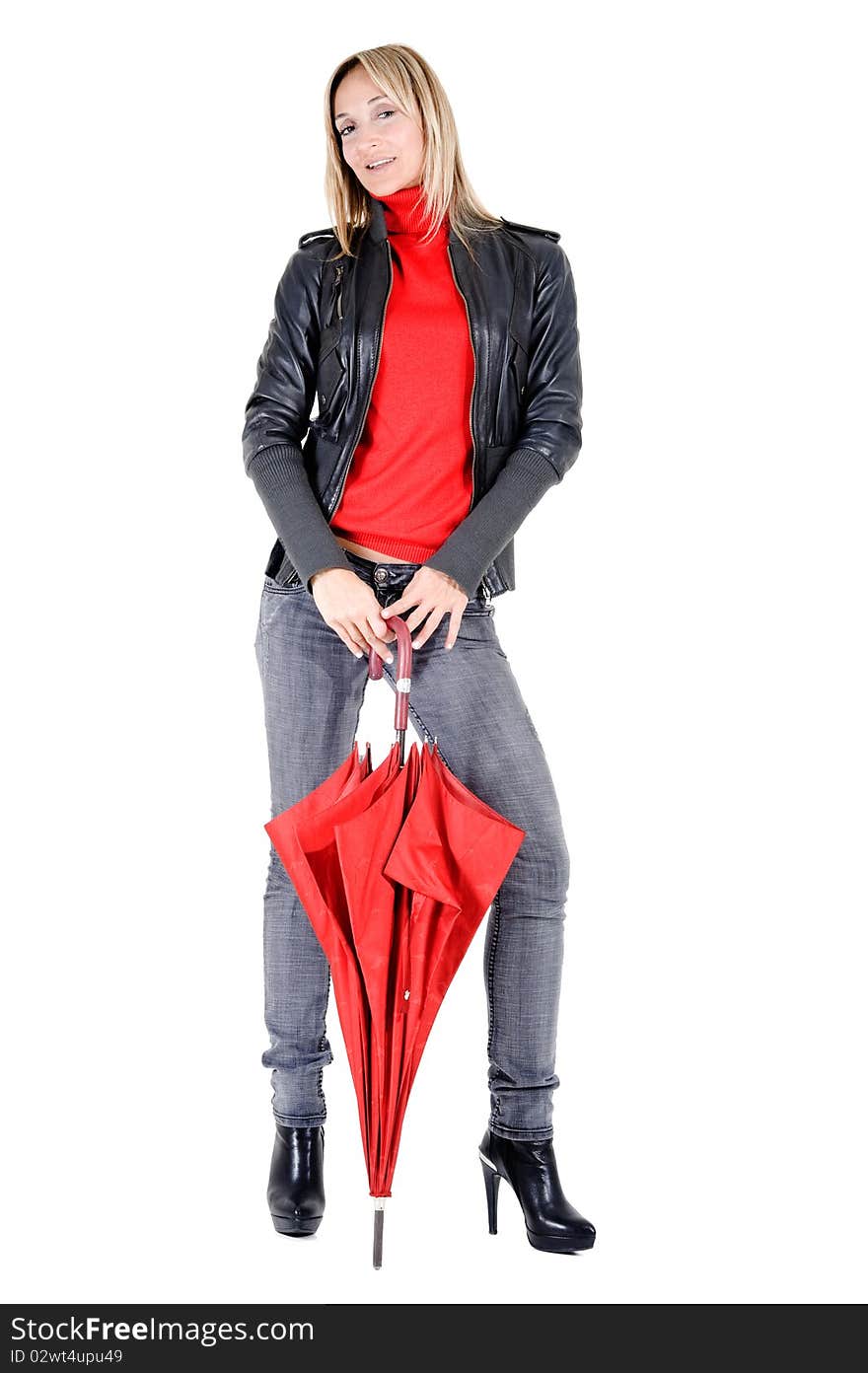 Happy smiling woman holding a  red umbrella. Happy smiling woman holding a  red umbrella