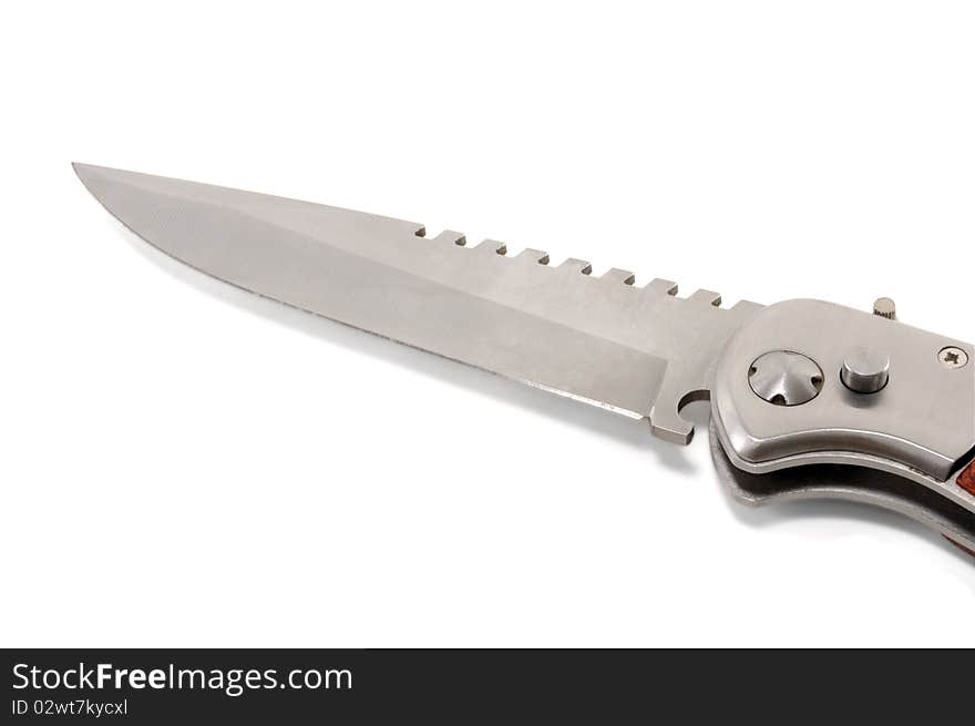 The edge of a steel knife is isolated on a white background