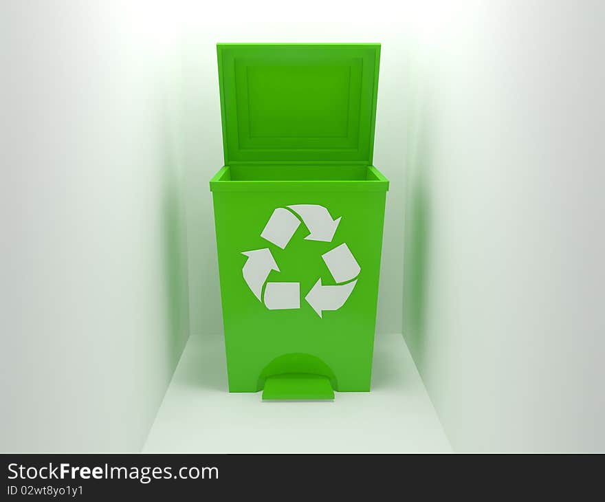 Recycle bin, green material over white background