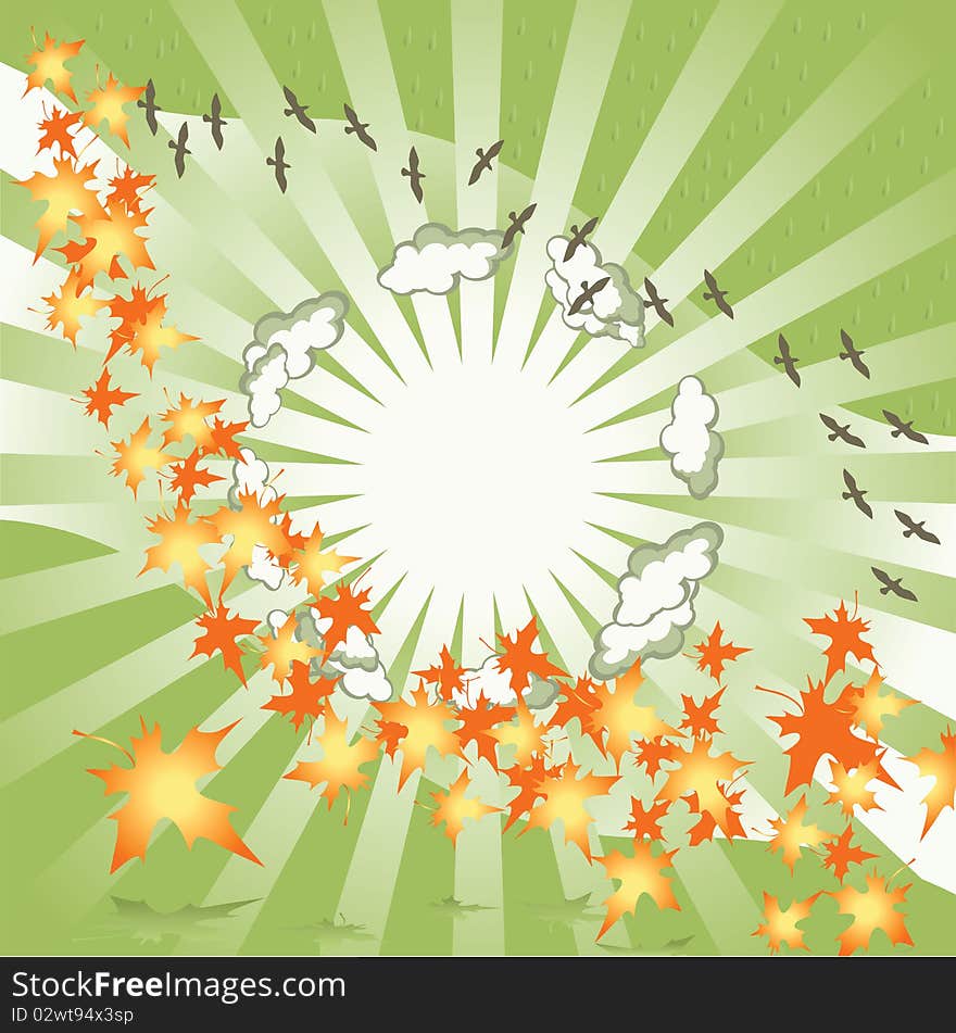 Background green. Autumn leaves turn. Sun rays. Flight of birds. Background green. Autumn leaves turn. Sun rays. Flight of birds.