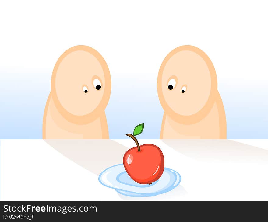 Comics. Two persons want to eat one apple. Adam and Eve. Comics. Two persons want to eat one apple. Adam and Eve.