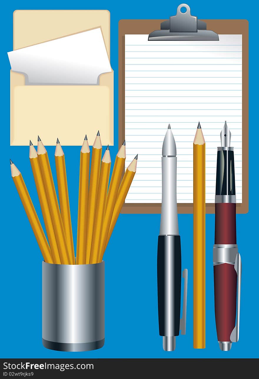 Vector illustration. Colored painted items and tools for writing. Vector illustration. Colored painted items and tools for writing