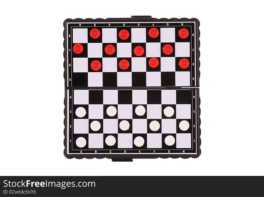 The image of chessboard with white and red draughts