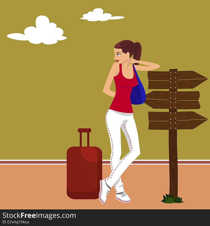 Tourist girl at road illustration vector