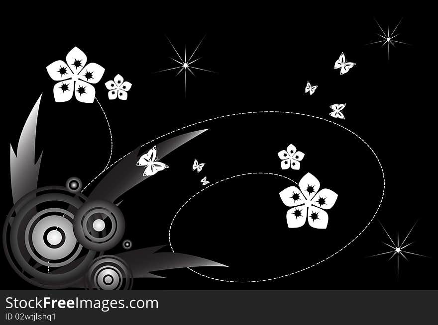 Illustration of the black background with flowers and butterflies