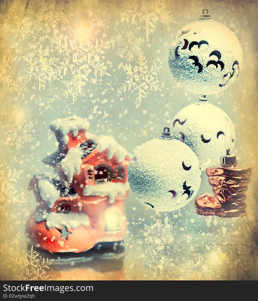 Christmas composition with white balls - picture in retro style. Christmas composition with white balls - picture in retro style