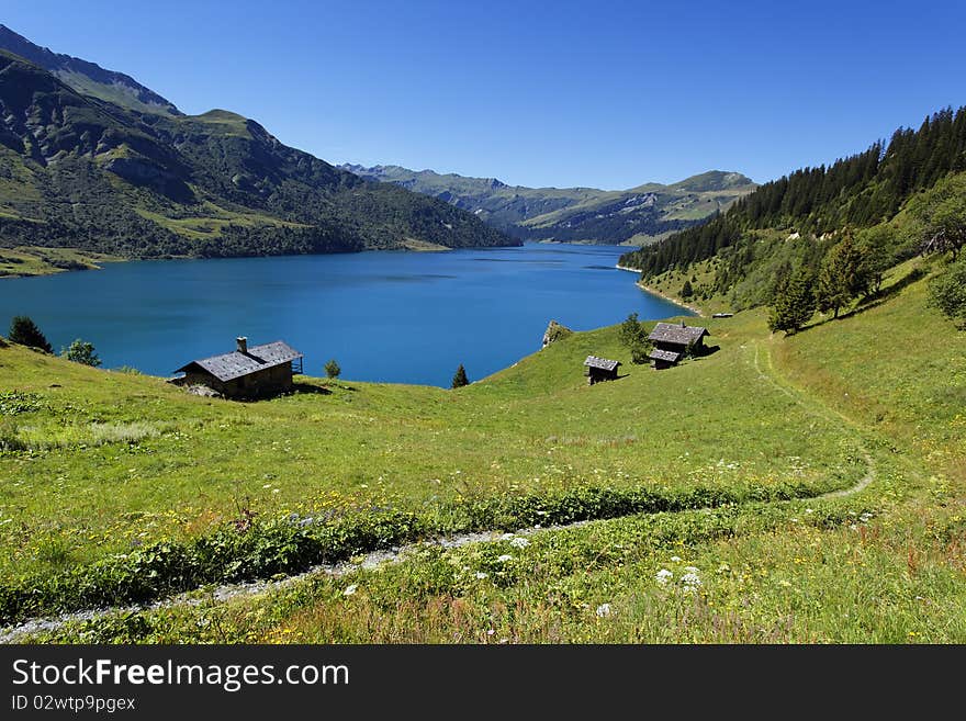 Roselend lake in french mountain. Roselend lake in french mountain