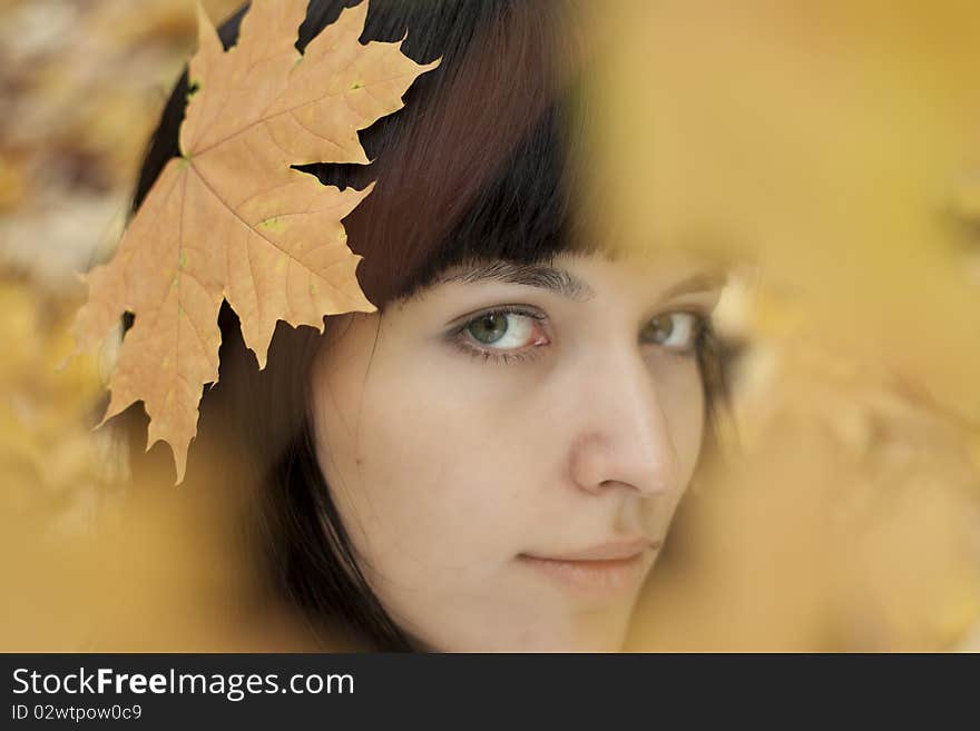 Young pretty woman in the autumn park