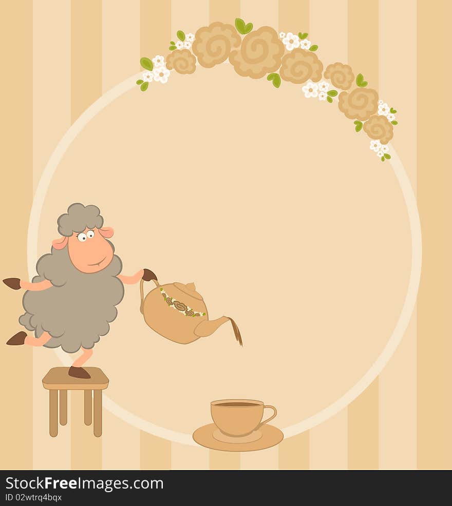 Illustration of cartoon sheep pours tea from a tea-pot in a cup