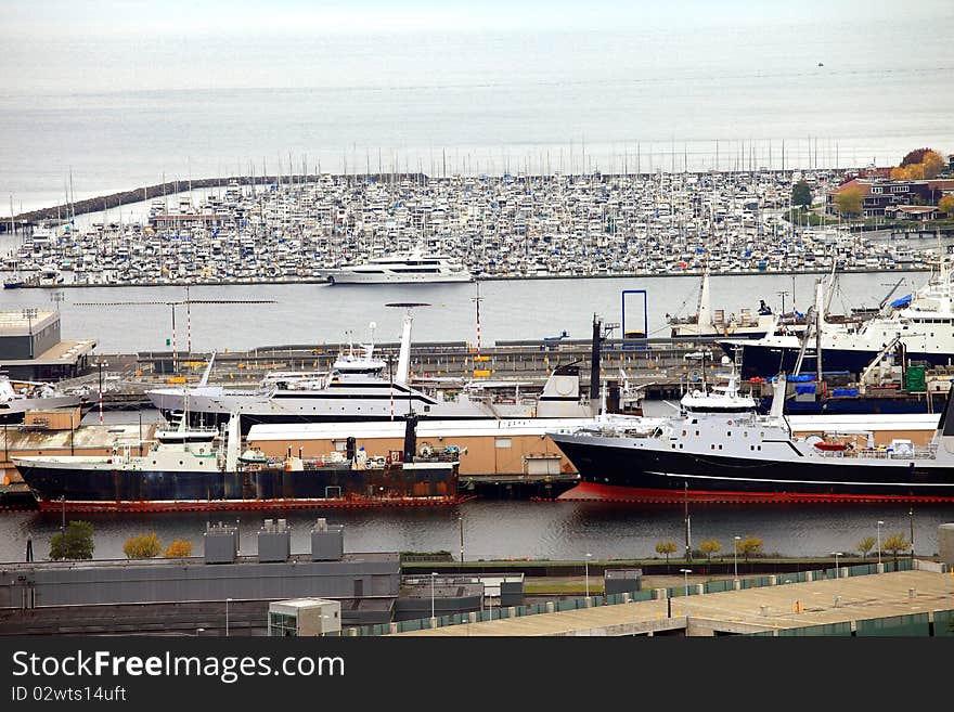 Packed marina & fishing vessels, Seattle WA.