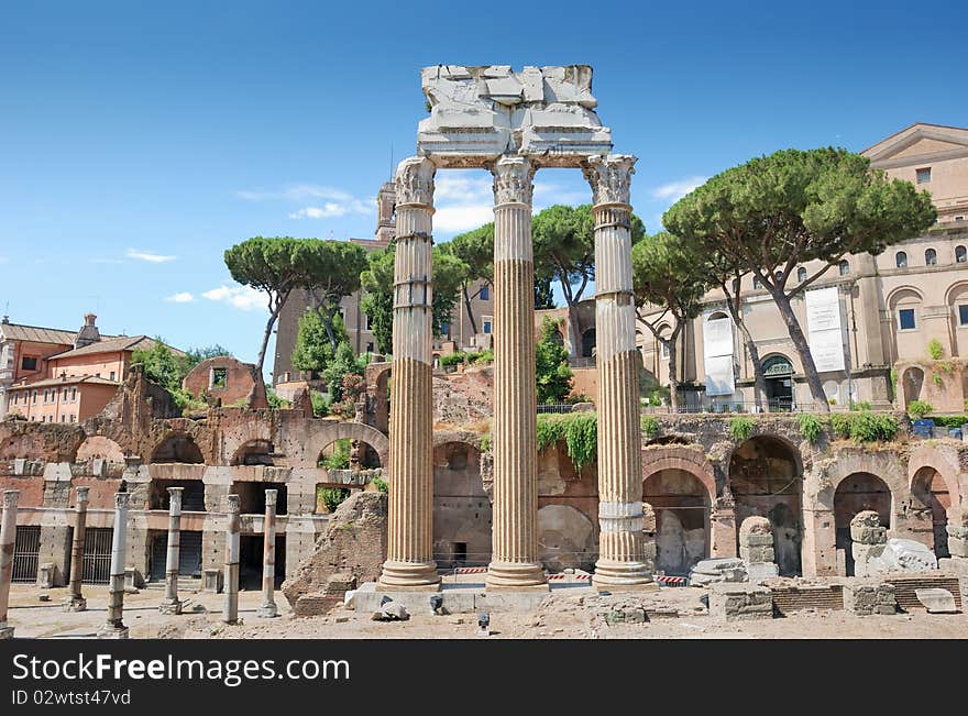 The 3 columns Corinthian order of the temple of Castor and Pollux (Tempio dei Dioscuri) is an ancient edifice in the Roman Forum, Rome, Italy. The 3 columns Corinthian order of the temple of Castor and Pollux (Tempio dei Dioscuri) is an ancient edifice in the Roman Forum, Rome, Italy.