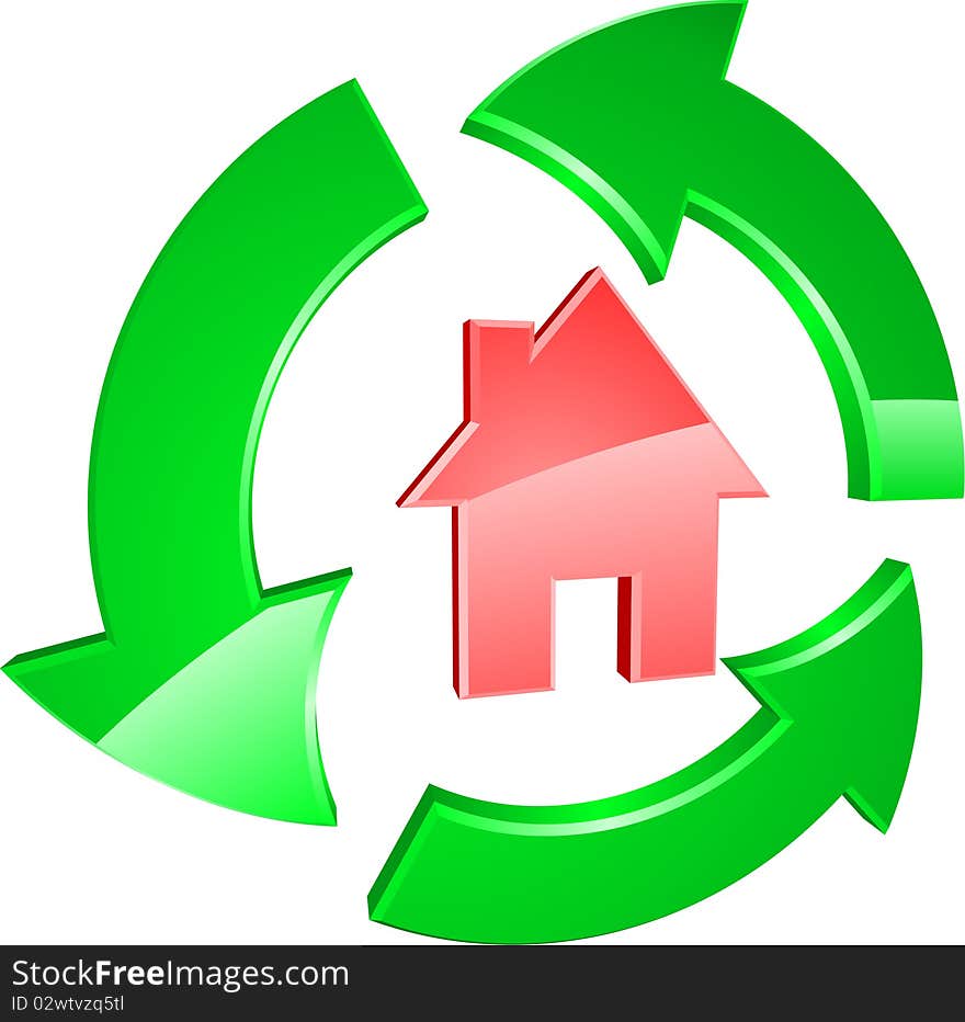 Red house with green recycling symbol. Red house with green recycling symbol