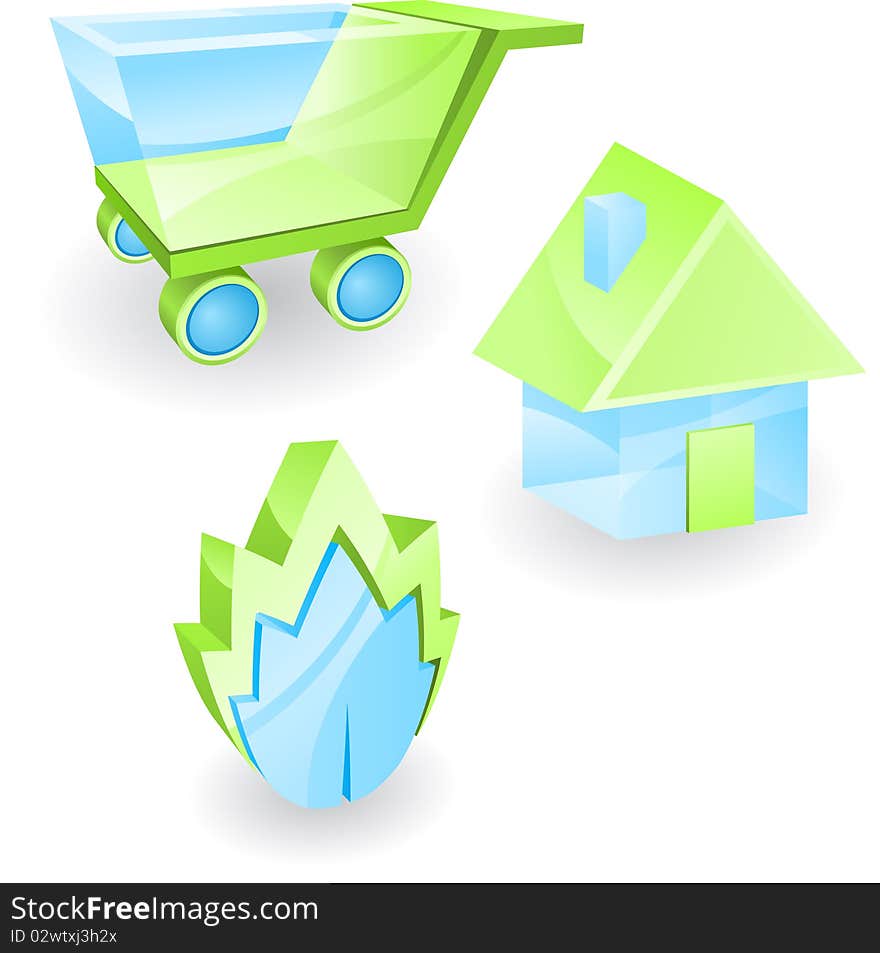 Three icons of environmental purchases, housing, and the nature. Three icons of environmental purchases, housing, and the nature