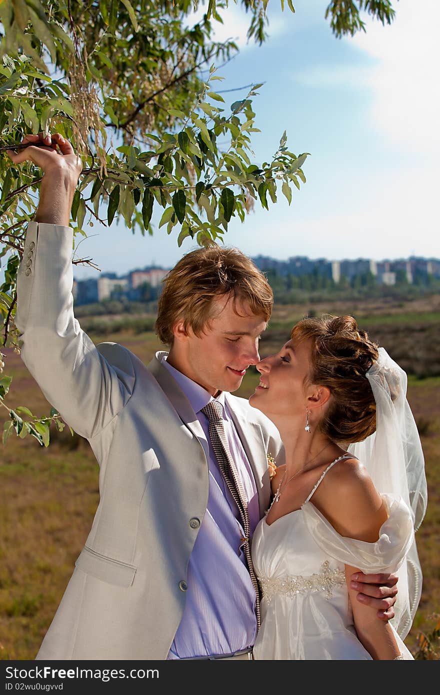 Newlyweds relax in the park.