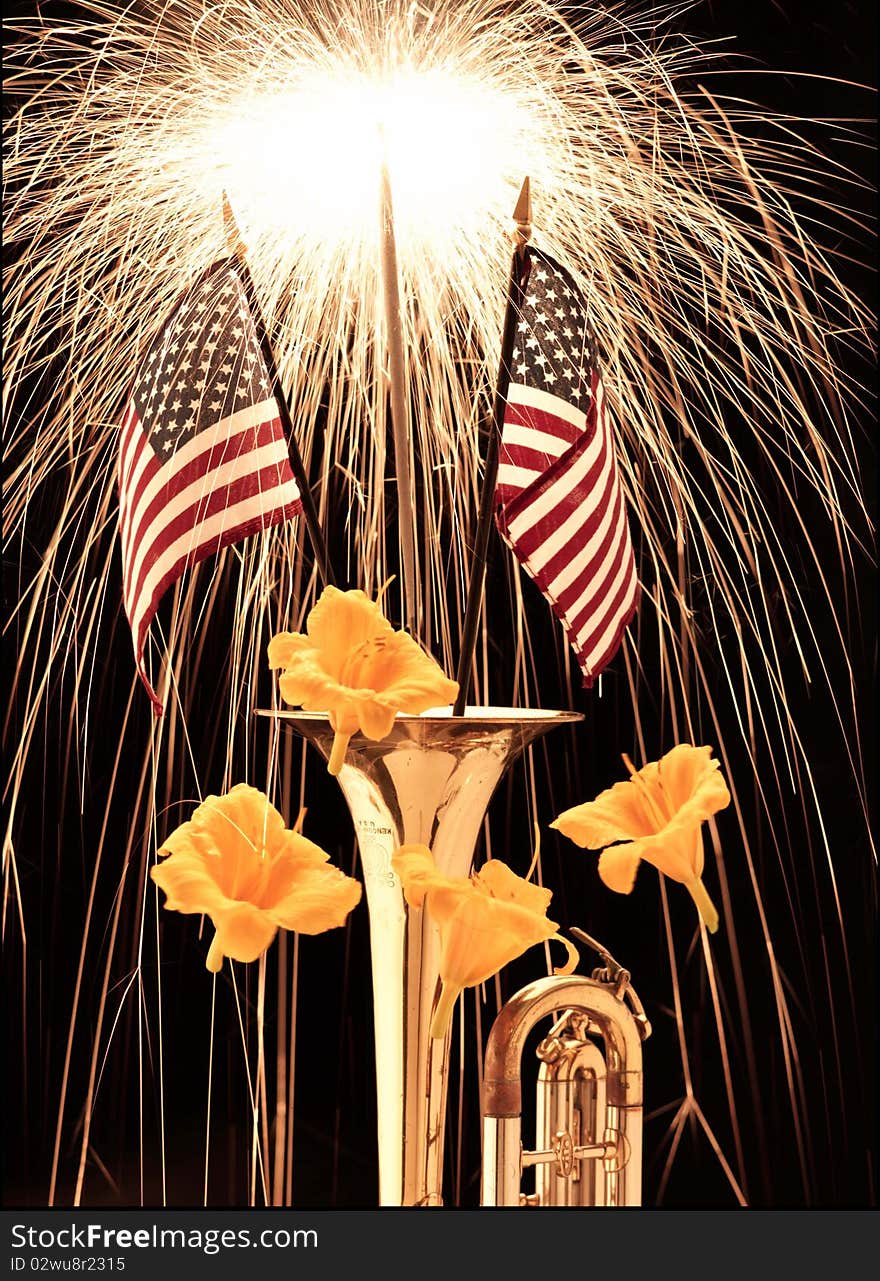 Fireworks, american flags, flowers, and musical horn as celebration. Fireworks, american flags, flowers, and musical horn as celebration