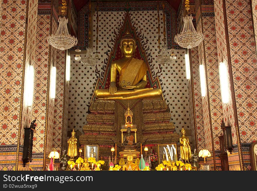 Golden buddha in temple, Thailand.