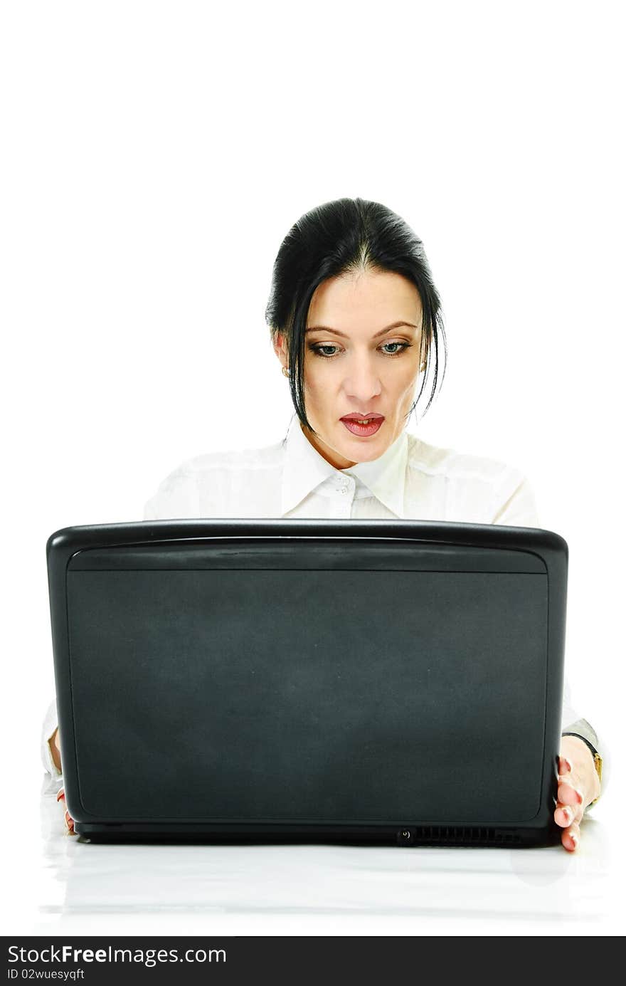 Pretty business lady with laptop on white