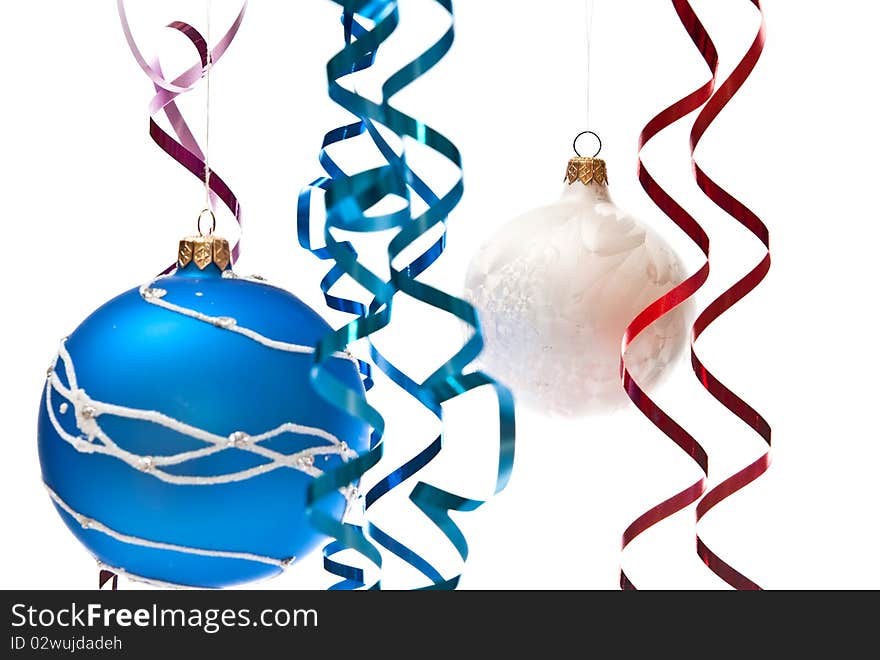 Christmas decoration from blue and white balls. Isolated on white. Christmas decoration from blue and white balls. Isolated on white