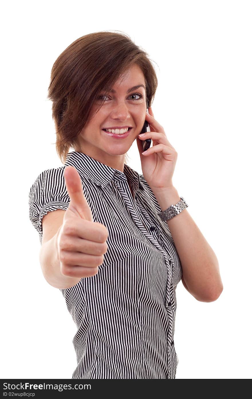 Business woman talking by cell phone and making OK sign