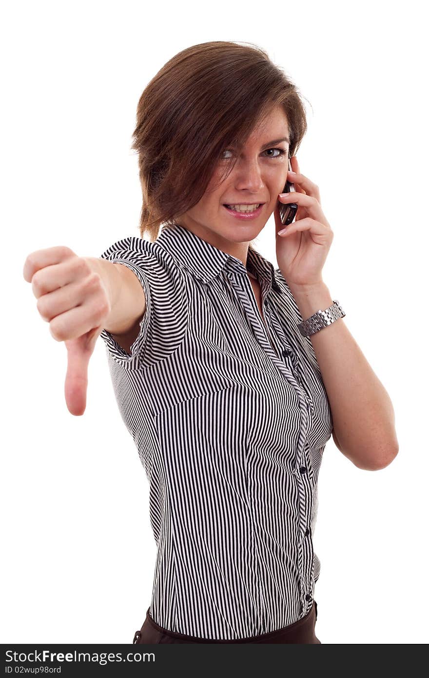 Business woman with thumb down gesture and mobile phone. Business woman with thumb down gesture and mobile phone