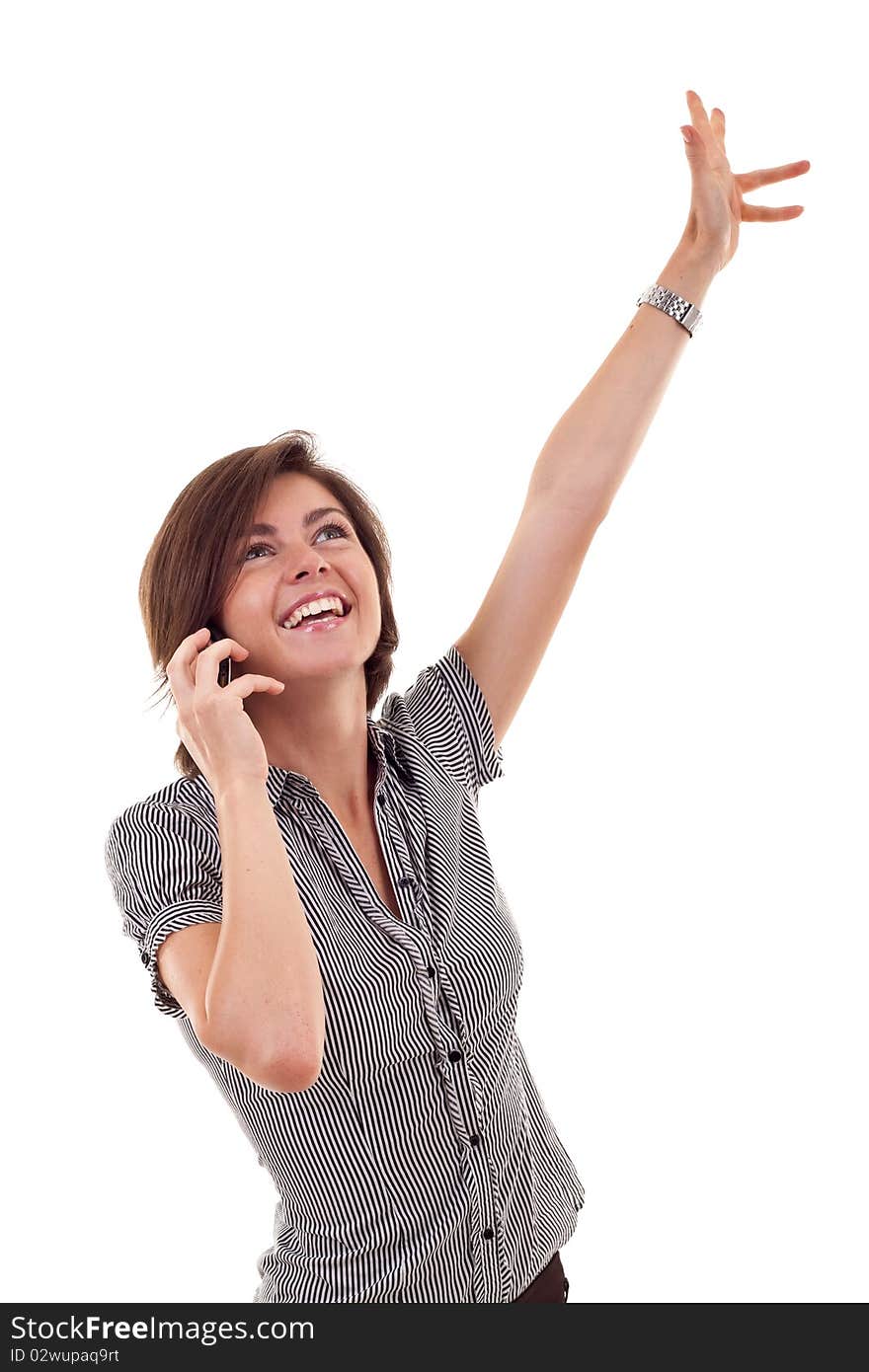 Attractive business woman on the phone winning over white