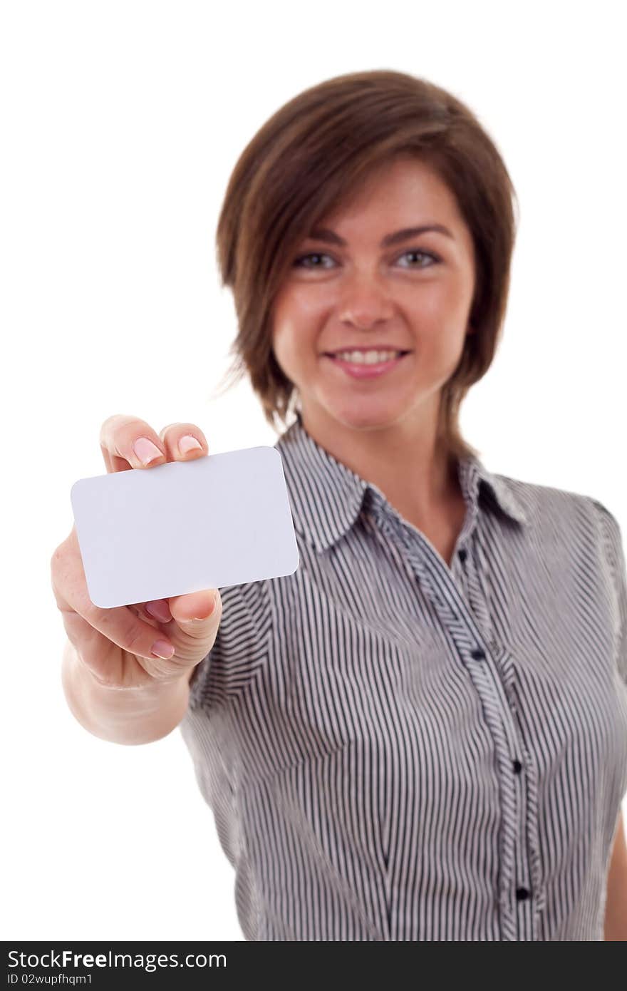 Portrait of a beautiful business woman holding a white card. Isolated. Portrait of a beautiful business woman holding a white card. Isolated