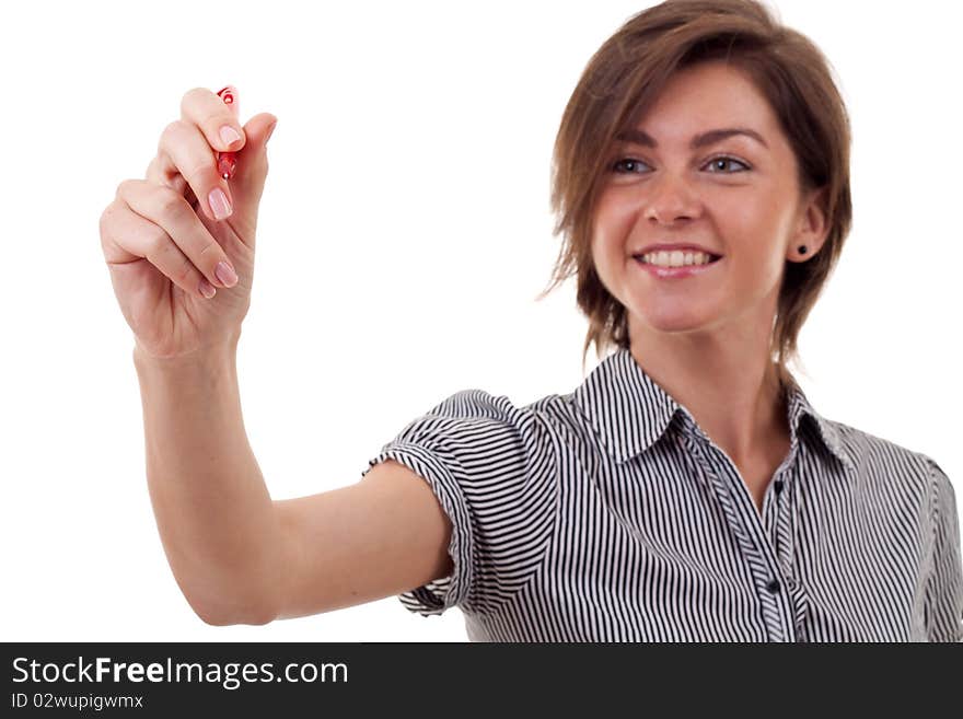 Business woman writing something with a red marker