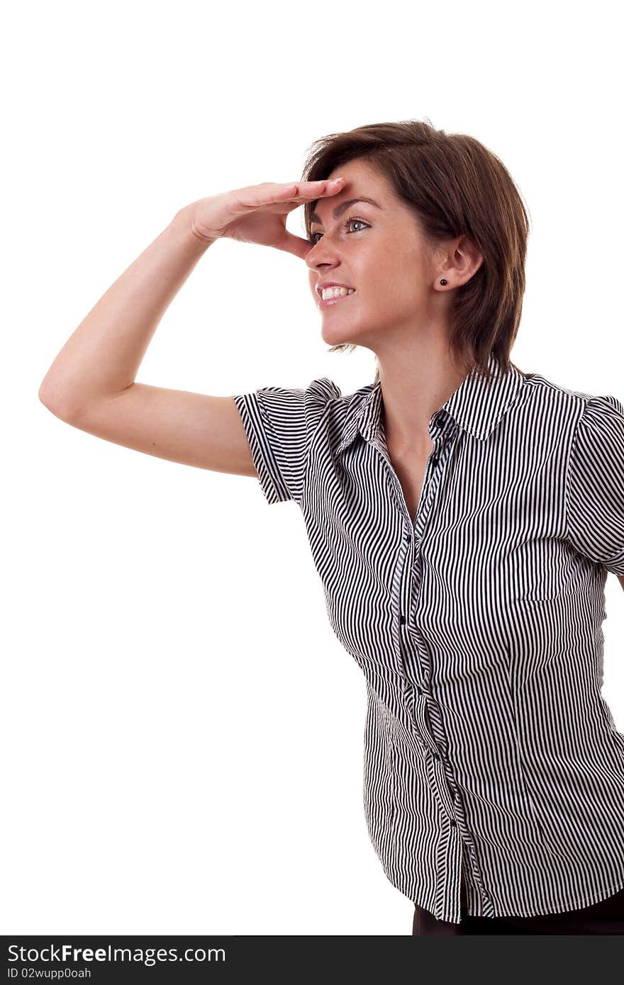 Picture of a young business woman looking forward over white