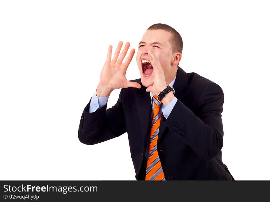 Closeup portrait of a young man screaming out loud on a white background