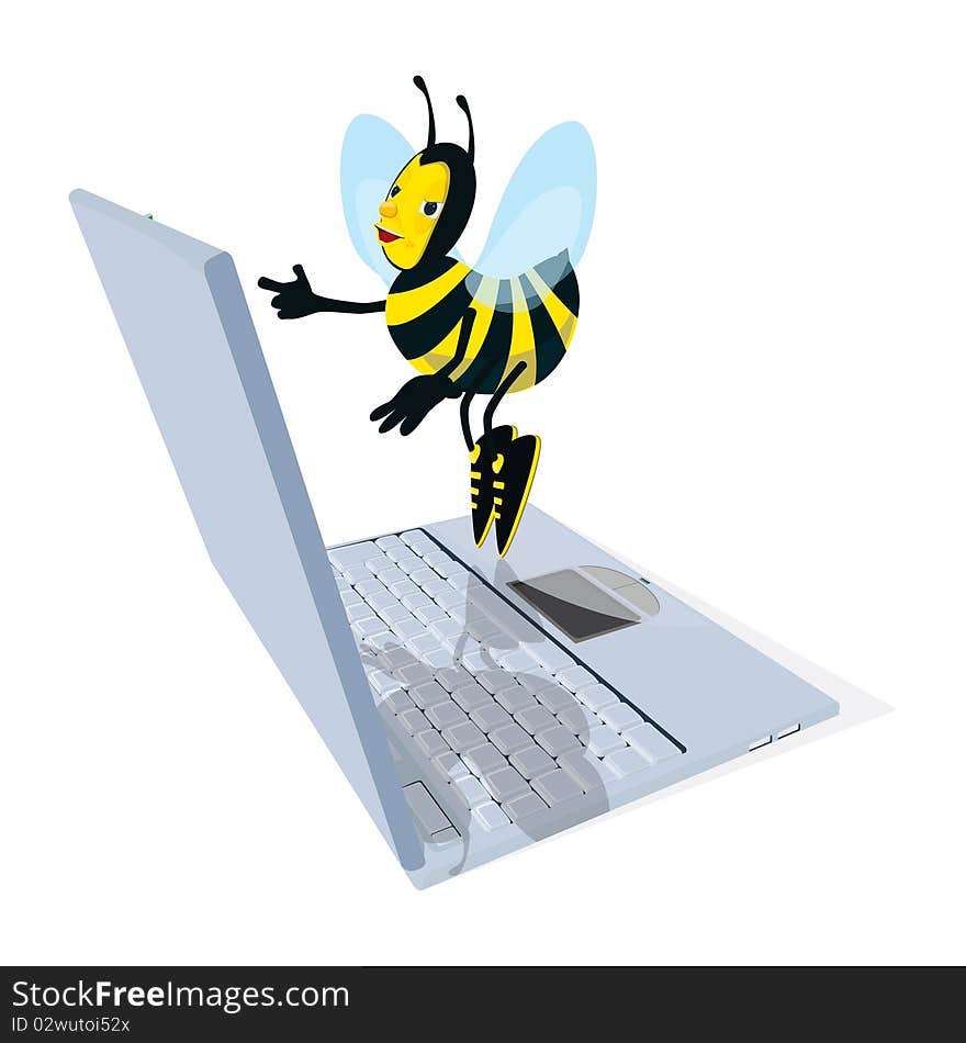 A cartoon honeybee flying with laptop on white background. A cartoon honeybee flying with laptop on white background