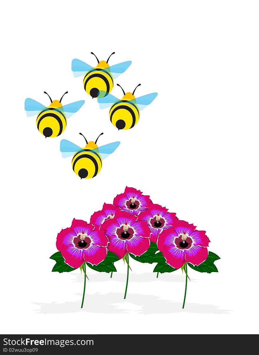 A cartoon honeybee flying with Camellia on white background. A cartoon honeybee flying with Camellia on white background