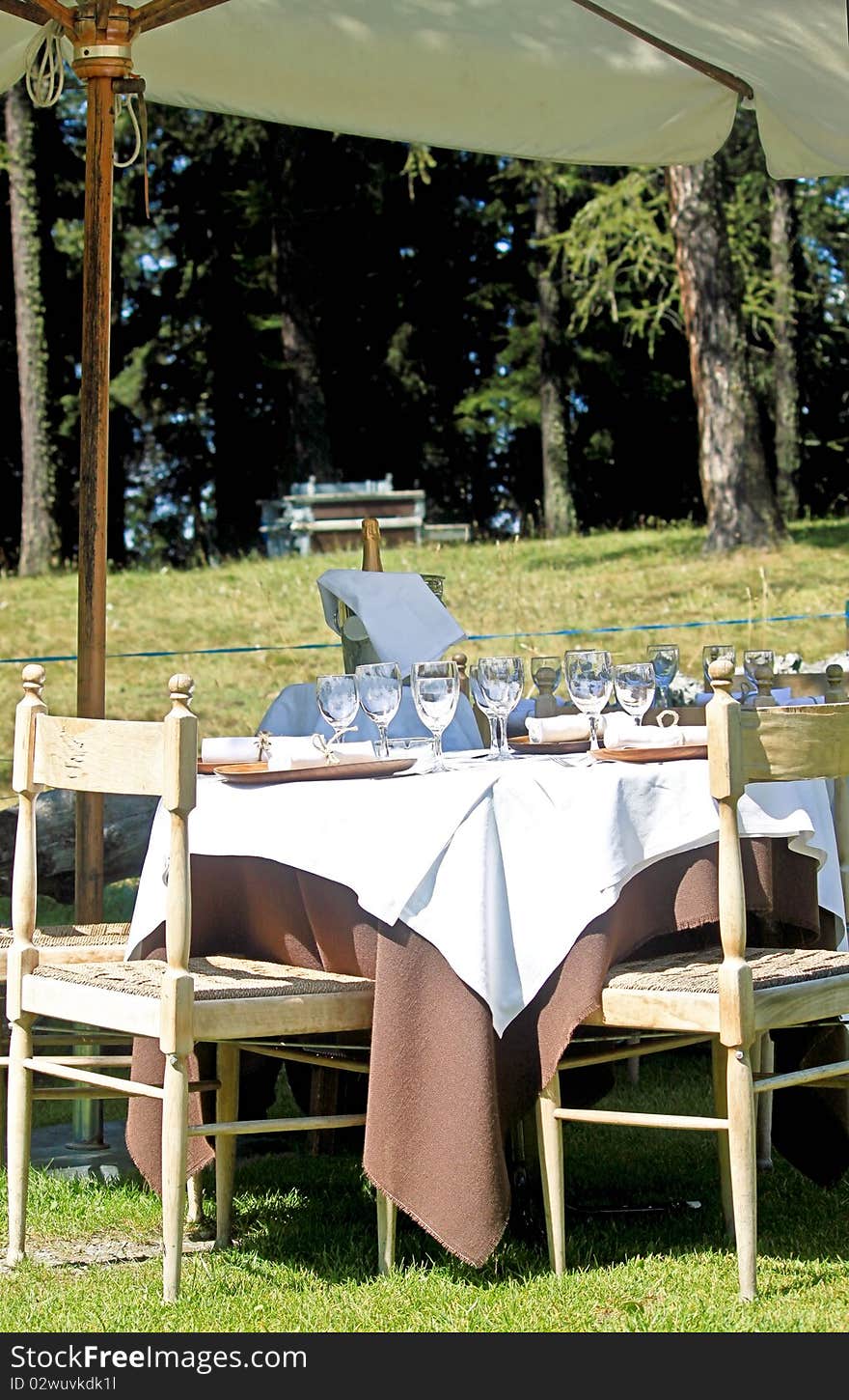 A table laid for a meal outdoors on a lawn. A table laid for a meal outdoors on a lawn