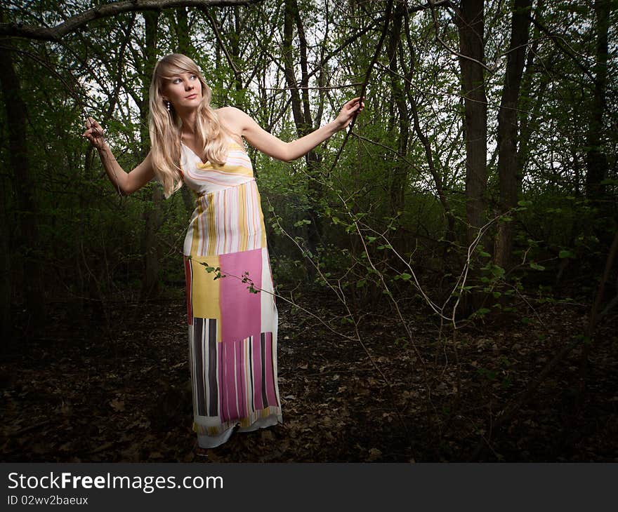 Wide-angle portrait of a young lady in a dark forest. Wide-angle portrait of a young lady in a dark forest