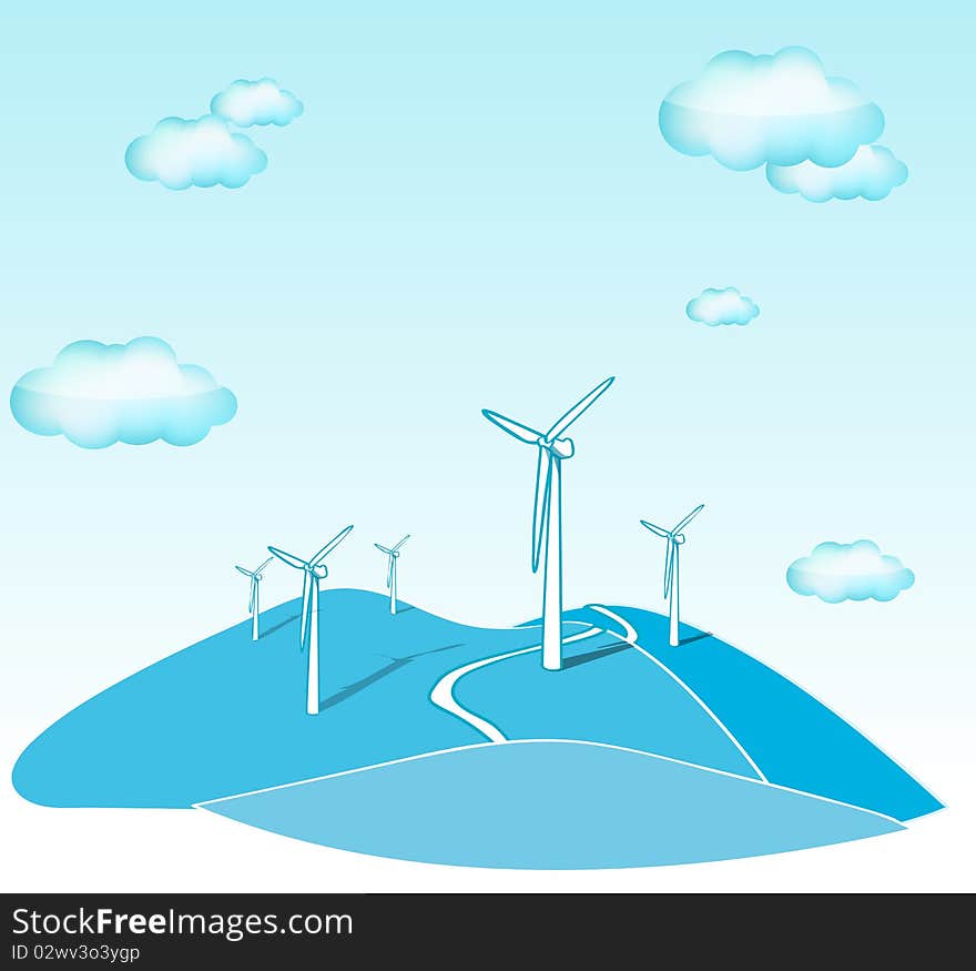 Illustration of wind turbines and blue sky